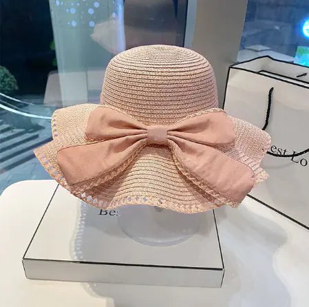 Big Brim Straw Hat with Bow Ruffles