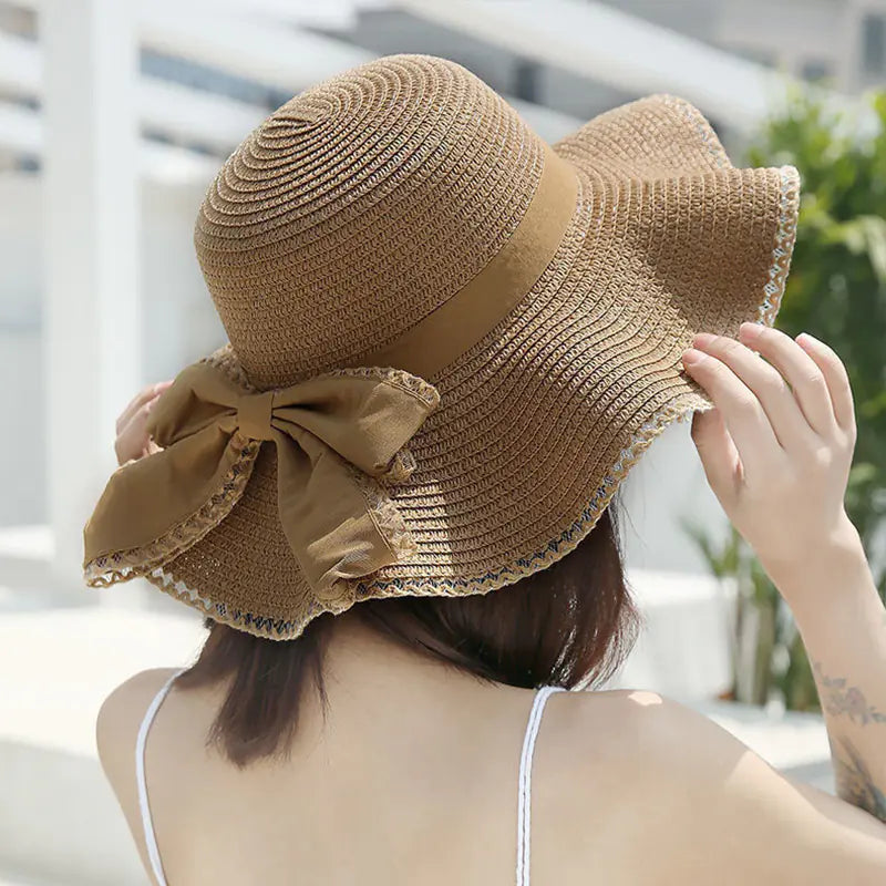 Big Brim Straw Hat with Bow Ruffles
