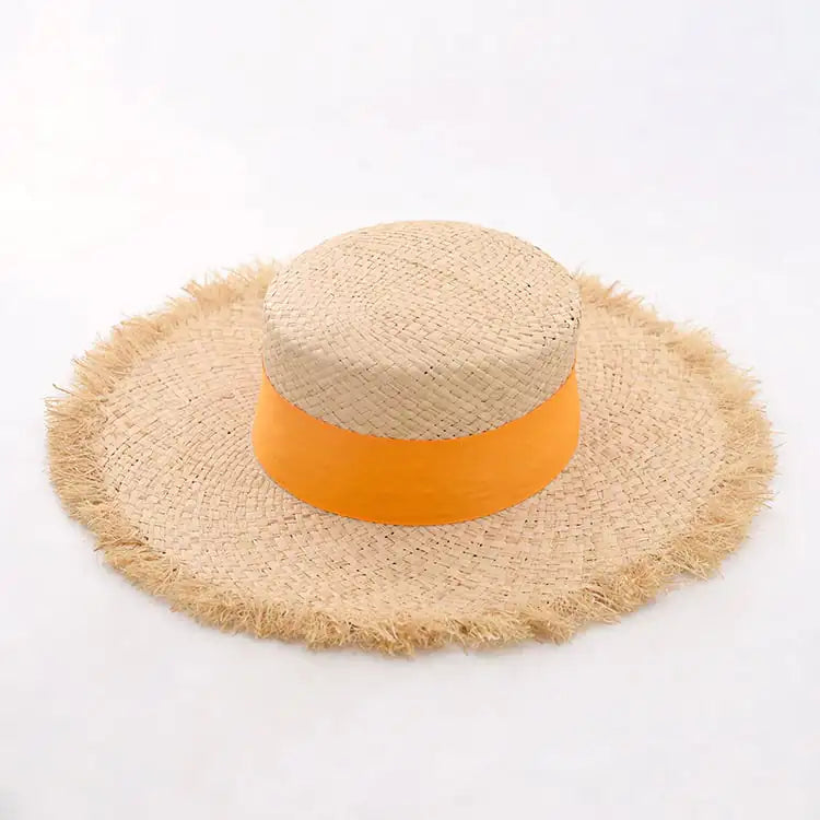 Women's Raffia Frayed Flat Big Brim Hat