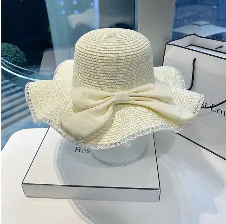 Big Brim Straw Hat with Bow Ruffles