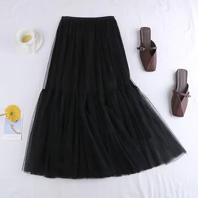 Versatile Mid-Length Solid Color Tulle Skirt