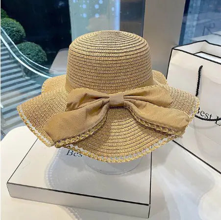 Big Brim Straw Hat with Bow Ruffles