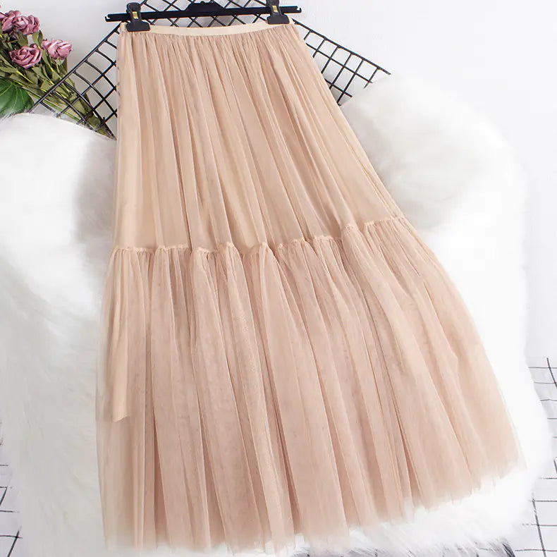 Versatile Mid-Length Solid Color Tulle Skirt
