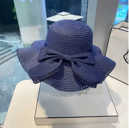 Big Brim Straw Hat with Bow Ruffles