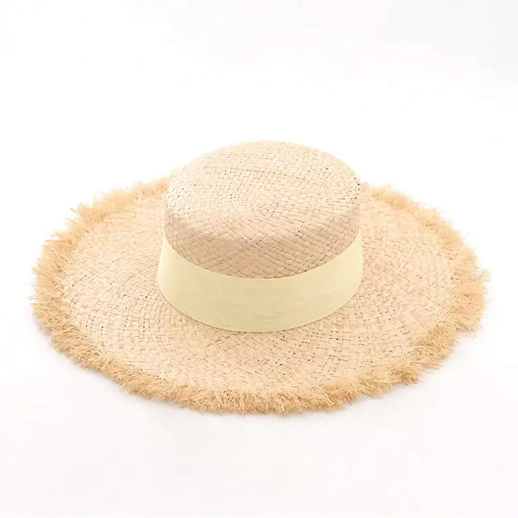 Women's Raffia Frayed Flat Big Brim Hat