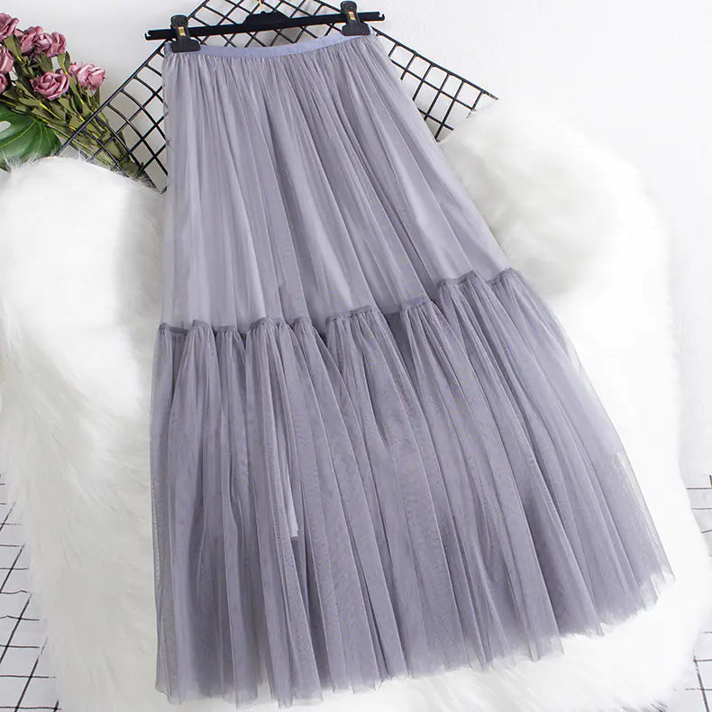 Versatile Mid-Length Solid Color Tulle Skirt