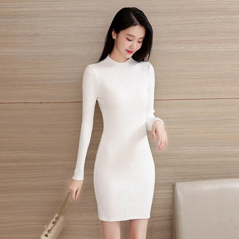 Knitted Long Sleeve Bottoming Dress with Inner Layer