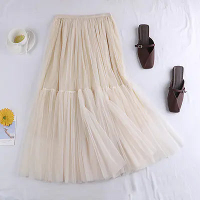 Versatile Mid-Length Solid Color Tulle Skirt