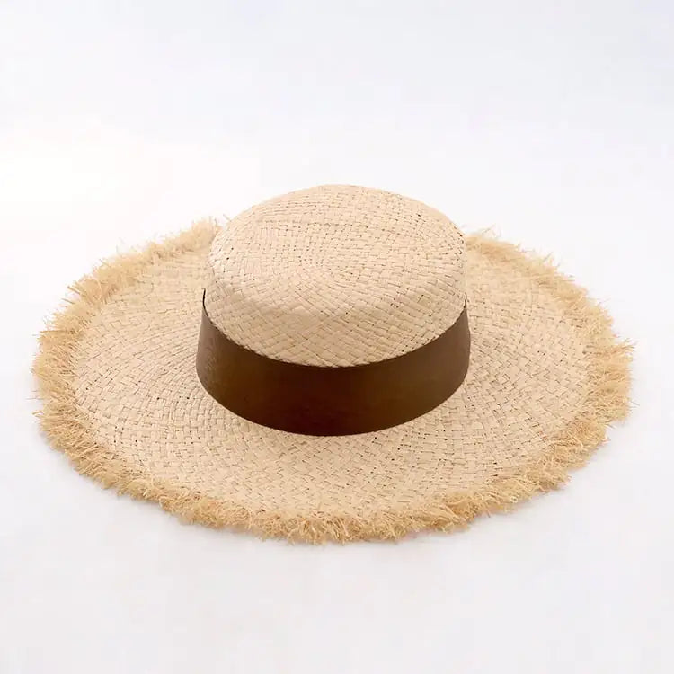 Women's Raffia Frayed Flat Big Brim Hat