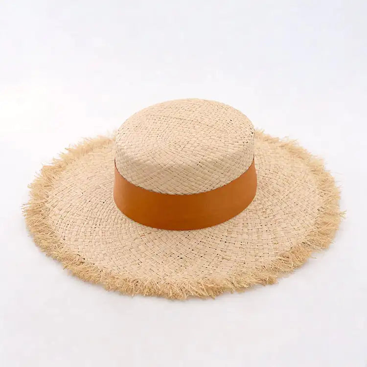 Women's Raffia Frayed Flat Big Brim Hat