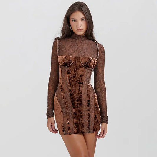 Slim Fit Diamondmax Velvet Lace Long Sleeve Dress