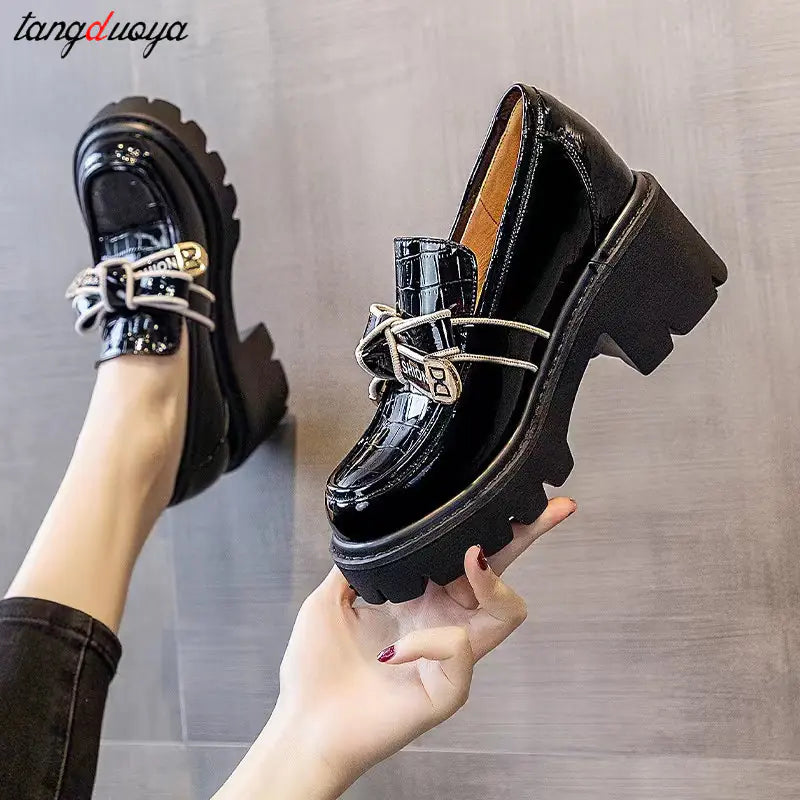 Retro Mary Jane Platform Shoes for Women in Black Leather