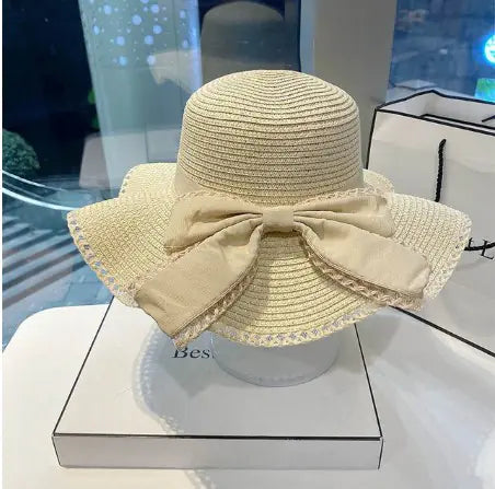 Big Brim Straw Hat with Bow Ruffles