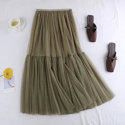 Versatile Mid-Length Solid Color Tulle Skirt