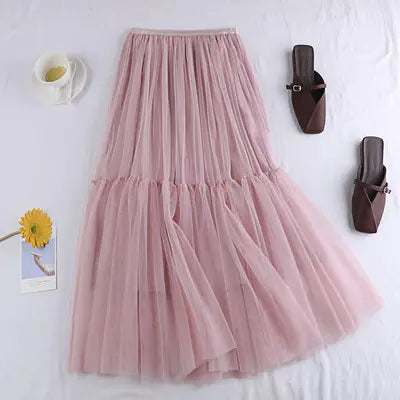 Versatile Mid-Length Solid Color Tulle Skirt