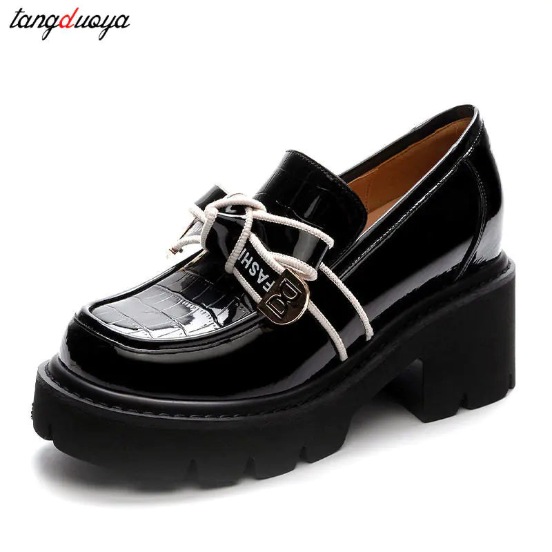 Retro Mary Jane Platform Shoes for Women in Black Leather